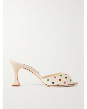 Manolo Blahnik Jadaron 70 Polka-Dot Silk-Satin Mules - Natural