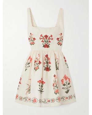 Agua Bendita Barbara Printed Embellished Linen Mini Dress - White