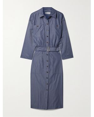 Lafayette 148 New York Belted Striped Cotton-Poplin Midi Shirt Dress - Blue