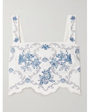 Agua Bendita Luciana Gloriosa Cropped Scalloped Embroidered Linen Tank - Blue