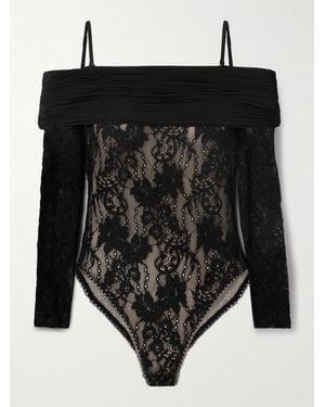 Zimmermann Off-The-Shoulder Ruched Jersey And Stretch-Lace Bodysuit - Black