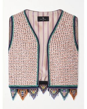 Etro Fringed Embroidered Tweed Vest - Pink