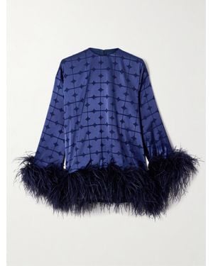 Dima Ayad Geometric Feather-Trimmed Devoré-Satin Blouse - Blue
