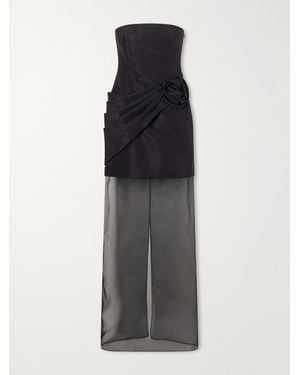 Carolina Herrera Strapless Pleated Appliquéd Organza-Trimmed Silk-Faille Gown - Black