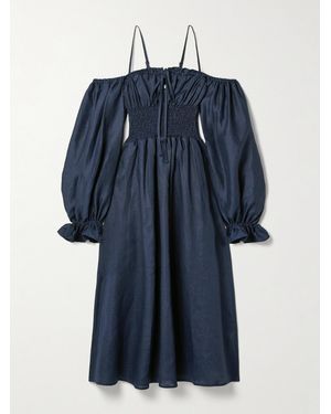 Sleeper Cancan Cold-Shoulder Shirred Linen Midi Dress - Blue