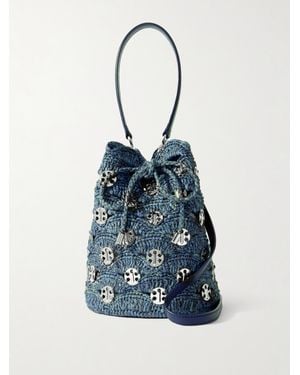 Rabanne Chainmail-Embellished Raffia Bucket Bag - Blue