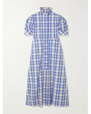Thierry Colson Robe Midi En Coton Mélangé À Carreaux Et À Volants Venetia - Bleu
