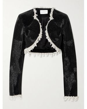 Clio Peppiatt Margot Cropped Embellished Satin Jacket - Black