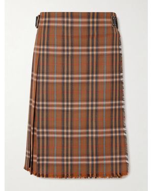 Burberry Belted Frayed Checked Wool Skirt - Brown