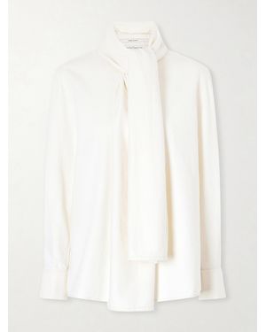 Another Tomorrow Pussy-Bow Cotton-Chambray Blouse - White