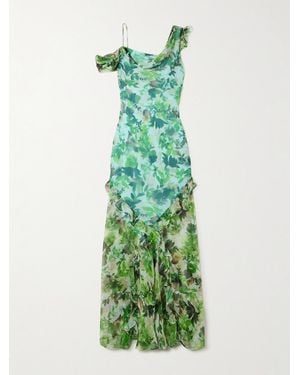 Saloni Seema Cold-Shoulder Ruffled Printed Silk-Chiffon Maxi Dress - Green
