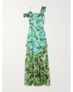 Saloni Seema Cold-Shoulder Ruffled Printed Silk-Chiffon Maxi Dress - Green
