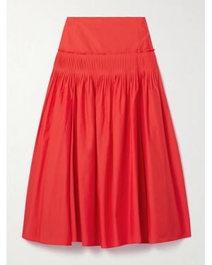 Theory Pintucked Pleated Cotton-Blend Poplin Midi Skirt - Red