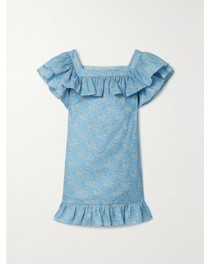 The Vampire's Wife The Cry Baby Ruffled Floral-Print Cotton And Linen-Blend Mini Dress - Blue