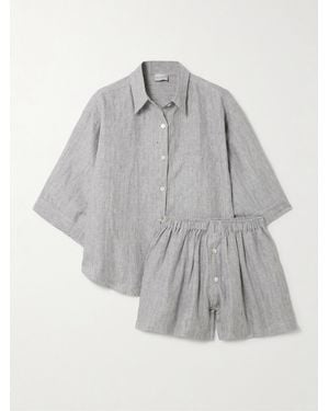 Deiji Studios The 03 Set Aus Hemd Und Shorts Aus Vorgewaschenem Leinen Mit Streifenmuster - Grau