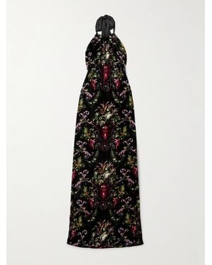 Cara Cara Geneva Open-Back Satin-Trimmed Floral-Print Velvet Halterneck Maxi Dress - Black