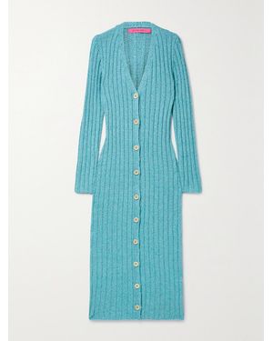 The Elder Statesman June Ribbed Cotton, Linen And Silk-Blend Midi Dress - Blue