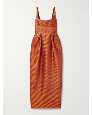 Christopher John Rogers Pleated Striped Metallic Jacquard Maxi Dress - Orange