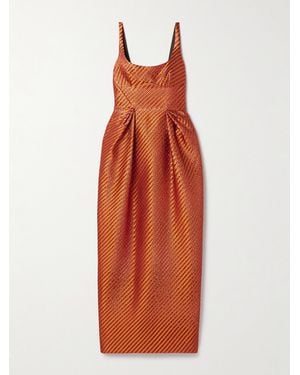 Christopher John Rogers Pleated Striped Metallic Jacquard Maxi Dress - Orange