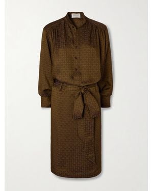 Saint Laurent Belted Printed Silk Shirt Dress - Natural