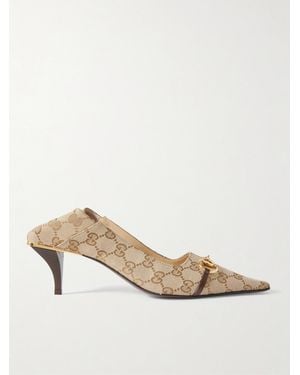 Gucci Vittoria Collapsible-Heel Horsebit-Embellished Leather-Trimmed Canvas-Jacquard Pumps - Natural