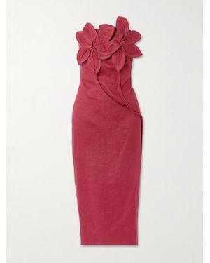 ANDRES OTALORA Florecer Strapless Appliquéd Linen Midi Dress - Red