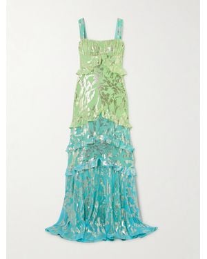 Saloni Chandra Ruffled Fil Coupé Silk-Blend Maxi Dress - Blue