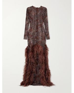 Ilkyaz Ozel Byblos Feather-Trimmed Sequin-Embellished Mesh Gown - Brown
