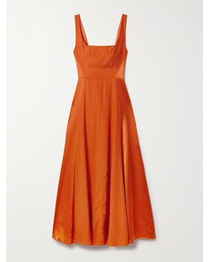 La Ligne Pleated Silk-Satin Midi Dress - Orange