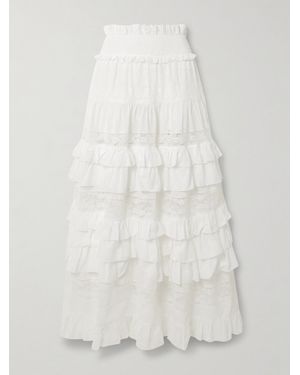 Loretta Caponi Tina Tiered Ruffled Lace-Trimmed Broderie Anglaise Cotton Maxi Skirt - White