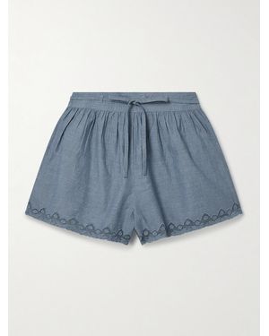 Ulla Johnson Elowen Belted Tulle-Trimmed Embroidered Cotton-Chambray Shorts - Blue