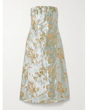 STAUD Kennedy Strapless Gathered Brocade Midi Dress - White