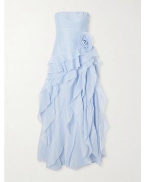 Aje. Canyon Strapless Appliquéd Ruffled Pleated Chiffon Gown - Blue