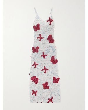 The Elder Statesman Butterfly Appliquéd Open-Knit Cotton Midi Dress - White