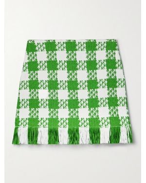 Oscar de la Renta Fringed Checked Cotton-Blend Tweed Mini Skirt - Green