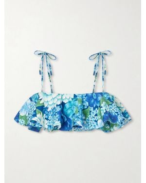 ALÉMAIS Margo Ruffled Floral-Print Bikini Top - Blue