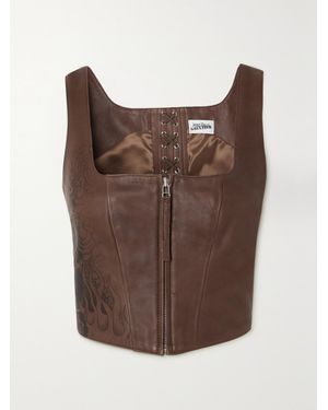 Jean Paul Gaultier Cropped Lace-Up Printed Leather Bustier Top - Brown