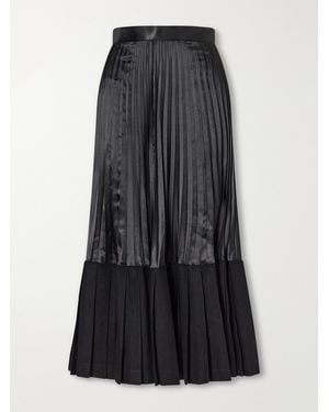 Junya Watanabe Layered Pleated Wool-Blend Flannel And Satin Maxi Skirt - Black