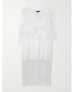 Sharon Wauchob Ros Feather-Embellished Fringed Silk-Tulle Mini Dress - White