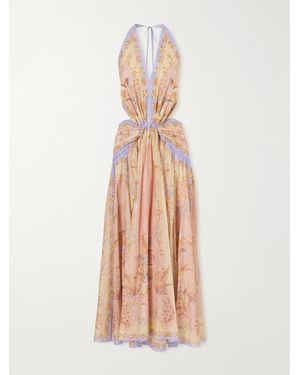 Zimmermann Indra Plunge Printed Metallic Cotton And Silk-Blend Halterneck Maxi Dress - Natural