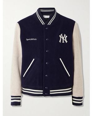 Sporty & Rich '47 And New York Yankees Leather-Trimmed Embroidered Wool-Felt Bomber Jacket - Blue
