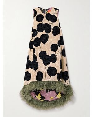 La DoubleJ La Scala Asymmetric Feather-Trimmed Floral-Print Crushed-Velvet Dress - White