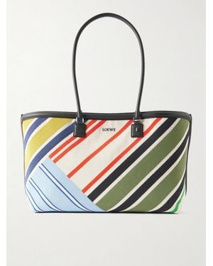 Loewe Verano Logo-Embroidered Striped Leather-Trimmed Canvas Tote - Blue