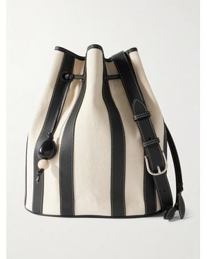Hunting Season Extra Large Drawstring Leather-Trimmed Striped Canvas Bucket Bag - Black