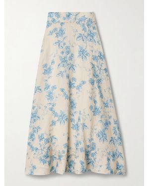 Agua Bendita Bergamota Bougainvillea Embellished Floral-Print Linen Midi Skirt - Blue