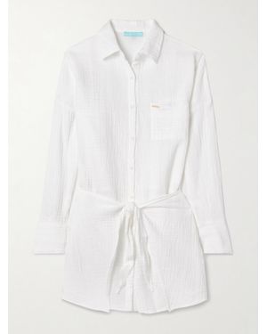 Melissa Odabash Sara Tie-Front Crinkled Cotton-Gauze Mini Shirt Dress - White