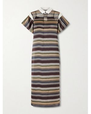 Sacai Striped Organza And Satin Midi Dress - Gray