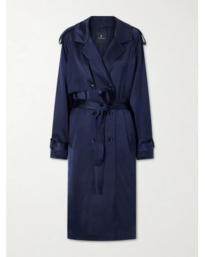 Anine Bing Rickie Double-Breasted Belted Satin Trench Coat - Blue