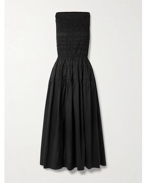 Doen Melie Shirred Paneled Pleated Organic Cotton-Poplin Midi Dress - Black