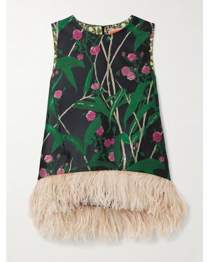 La DoubleJ Icon La Scala Feather-Trimmed Floral-Jacquard Top - Green